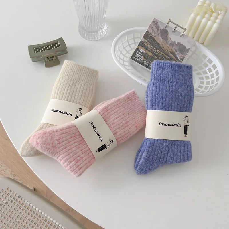 CHAOZHU-calcetines gruesos y cálidos de lana para mujer, medias básicas de alta calidad, colores sólidos, caqui, negro, blanco, invierno, 3 pares