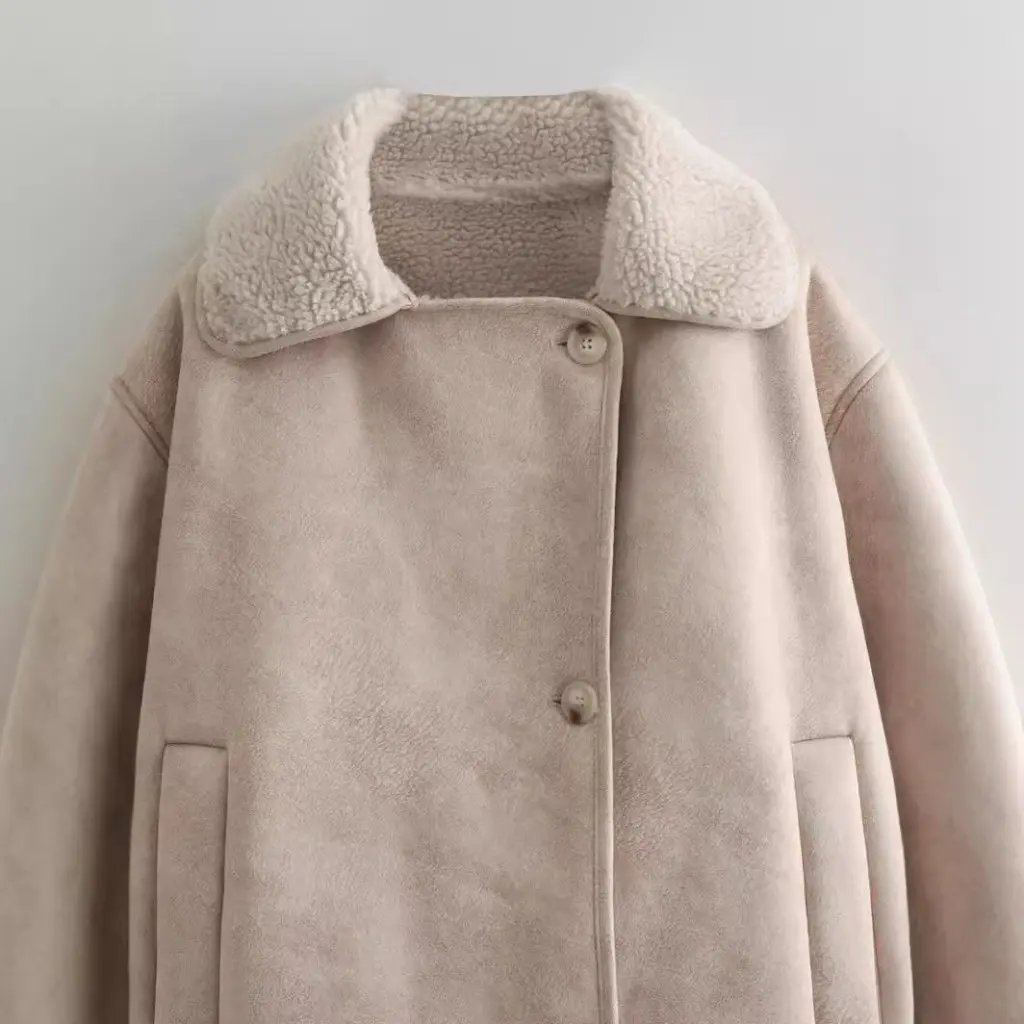 เสื้อโค้ทกันหนาวสำหรับผู้หญิง บุขนแกะ ปกหนังกลับ ทรงหลวม สไตล์ยุโรปอเมริกัน สำหรับการค้า