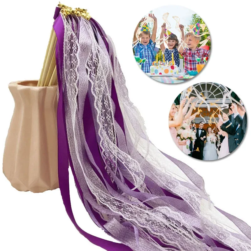 10/20/50Pcs Wedding Ribbon Wands Stick With Bell Lace Ribbon Twirling Streamers Fairy Stick Birthday Party Wedding Decoration