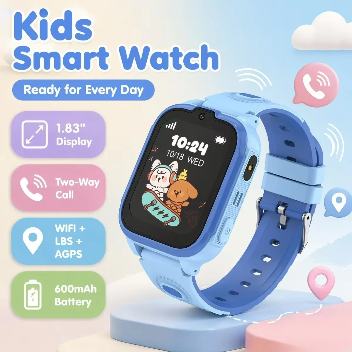 

DH28 Kids Smart Watch 1.83" 240x284 600mAh Battery WiFi+LBS+AGPS Two-way Video Call SOS Alarm Fast Learning Touch+Button