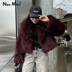 Neo Mint Iconic Blogger Fashion Burgundy Faux Fur Coat Women 2024 Winter Trendy Girls Shawl Collar Lamb Eco Fur Jacket Overcoat