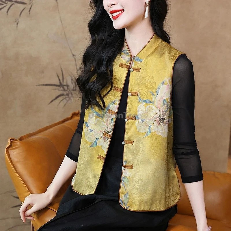 

2025 chinese style vintage printing vest spring new stand collar disc buckle waistcoat elegant literature art women's cardigan