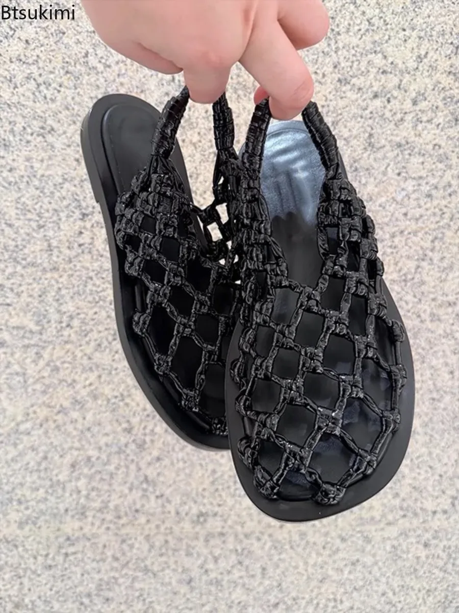 New Fashion Women's Summer Weaving Hollow Out Flat Heels Leather Fishnet Slippers Elegant Comfortable Casual Dress Mules Sandals view 4