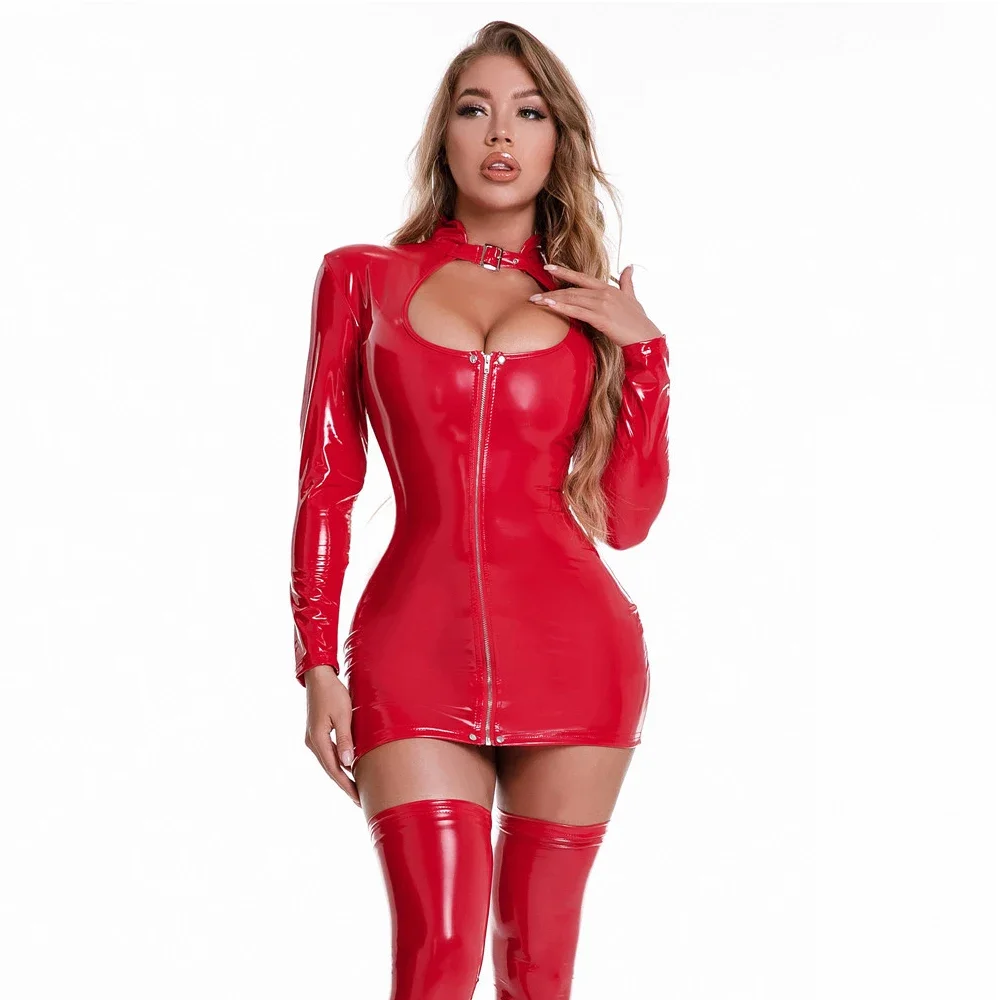 Womens Keyhole Dress Wetlook Latex Patent Leather Bodycon Dresses Long Sleeve Zipper Mini Dress Pole Dancing Stage Show Clubwear