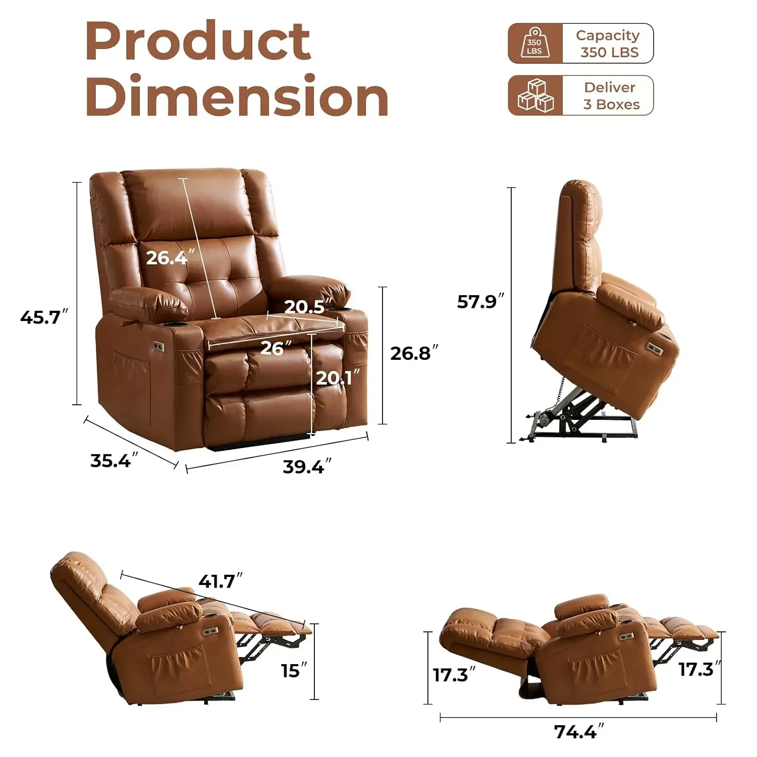 Dual Motor Power Lift Recliner for Elderly with Massage and Heat, Camel, Customized