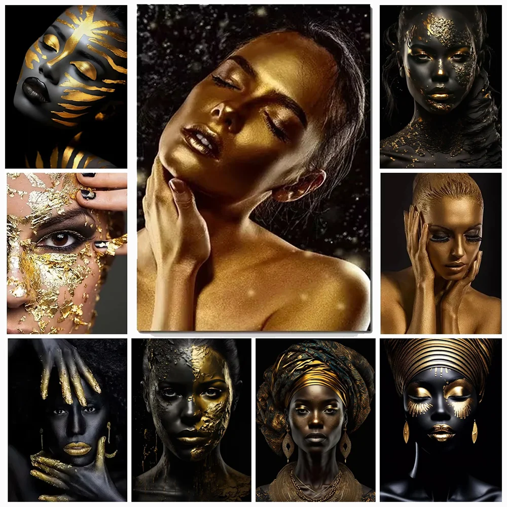 Afrikanische Frauen Leinwandgemälde Schwarz-Gold-Frauen-Poster und Drucke Skandinavisches Wandbild für Wohnzimmer-Dekoration – Detail 3