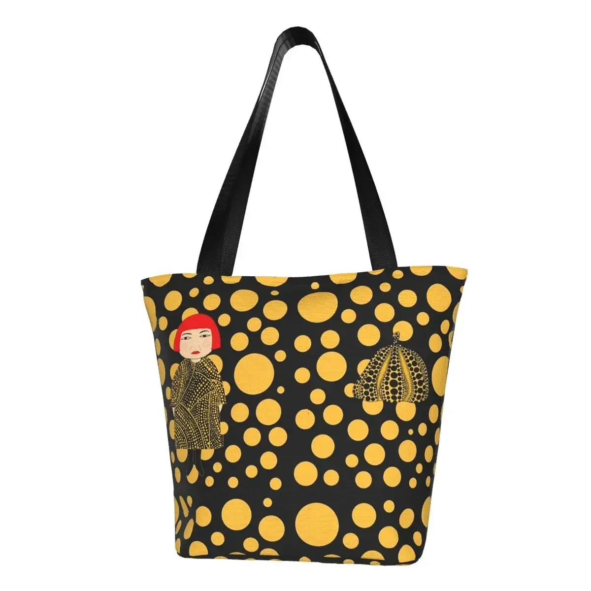 Yellow Dots Yayoi Kusama Pumpkin Shopping Bag Women Canvas Shoulder Tote Bag Washable Abstract Art Groceries Shopper Bags