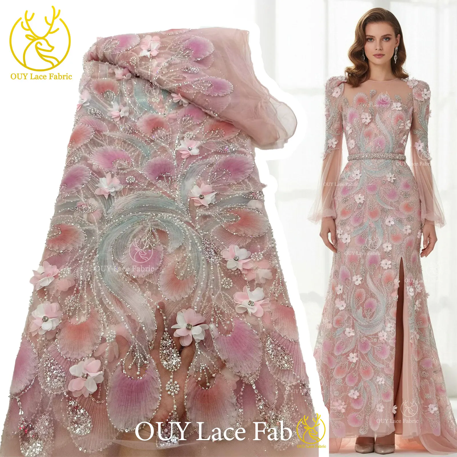 

Горячая 3D цветочная африканская кружевная ткань с бисером, 5 ярдов, Франция, Нигерия, сетка с блестками, тюль, кружевная ткань для свадебных вечерних платьев