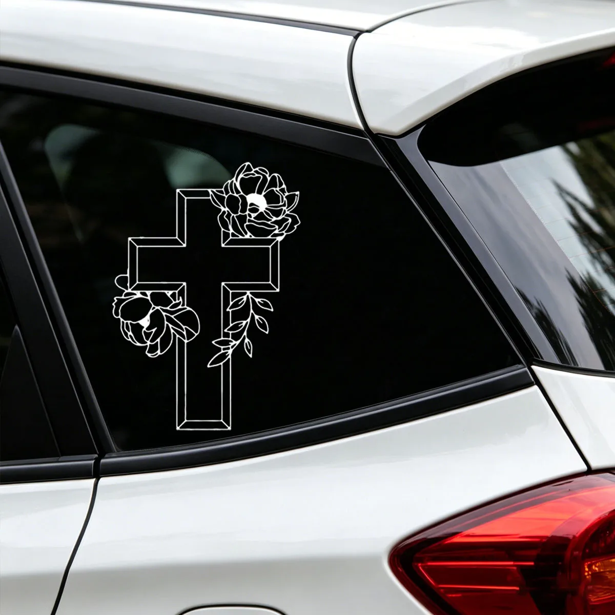 Cross with floral car sticker stickers, Christian vehicle window stickers, vinyl waterproof car bumper stickers