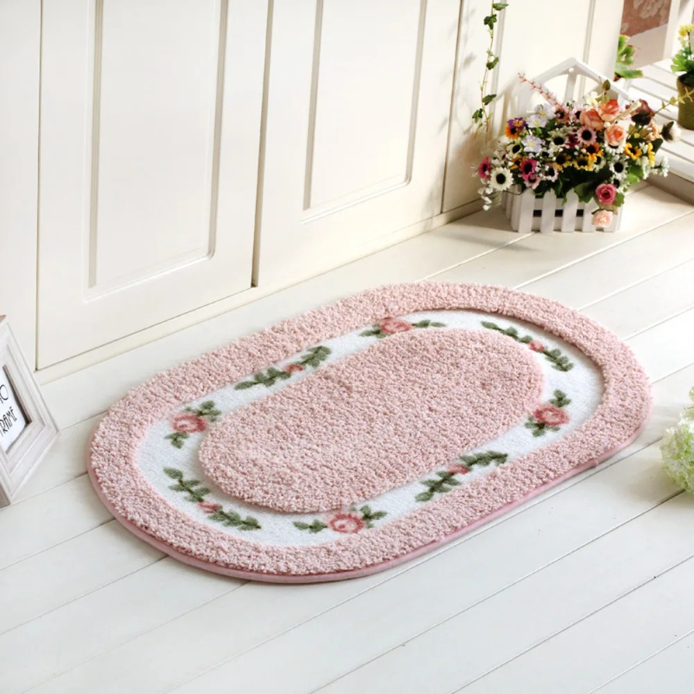 Practical Fluffy Rose Pattern Door Mat Absorbent Nonslip Oval Floor Rug Thickened Pastoral Style Floor Mat Entryway