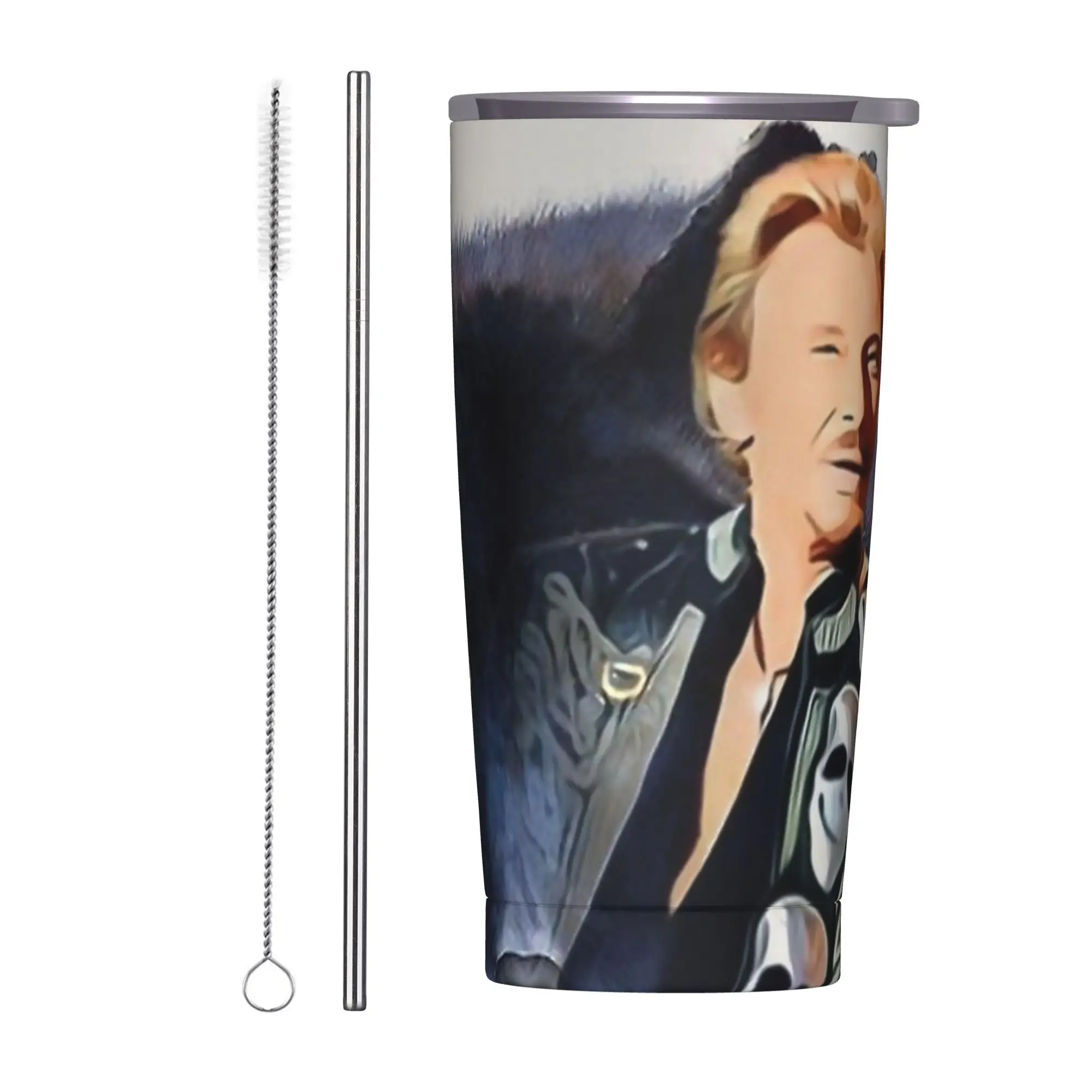 Johnny Hallyday Tumbler Vacuum Insulated Rock Music French Singer Thermal Cup with Lid Straw Office Home Mug Hot Cold Drink 20oz