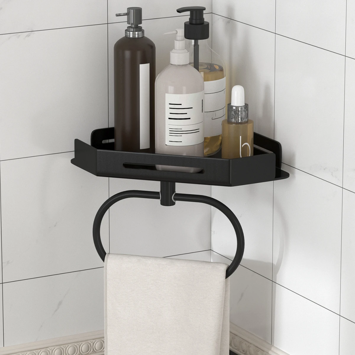 

Bathroom rack, towel ring, towel rack, triangular drainage rack, non drilled wall mounted corner rack with hooks, shower rack
