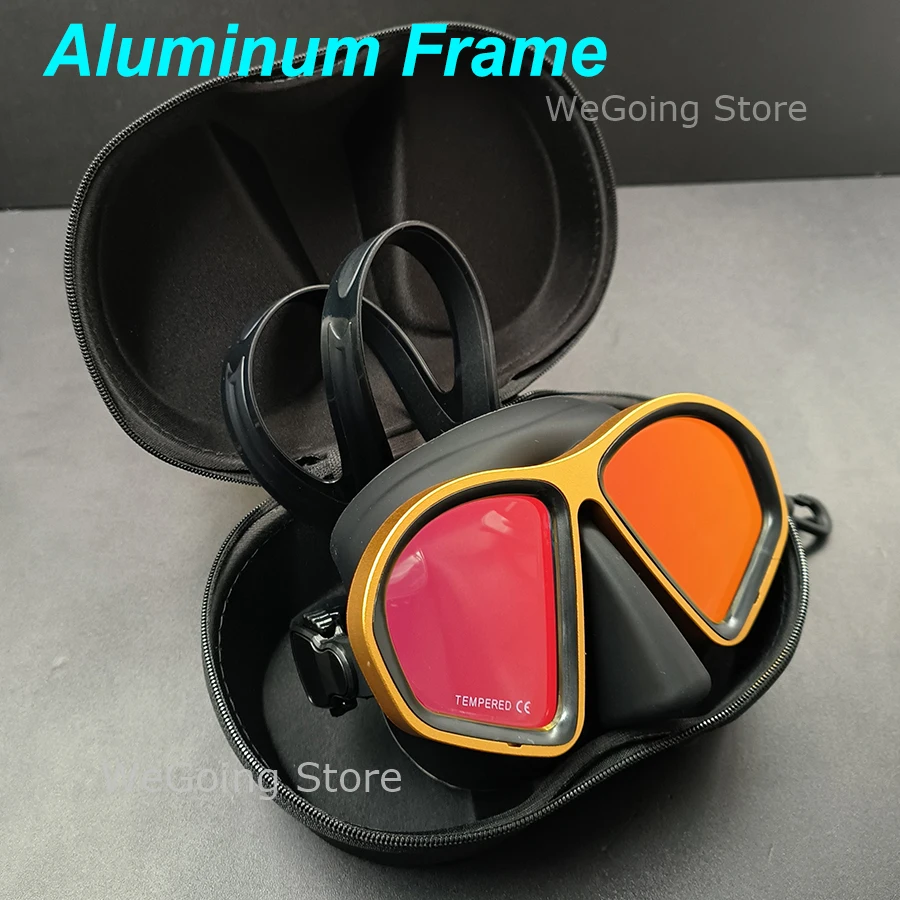 

Aluminu Frame Diving Snorkeling Mask Liquid Silicone Scuba Mask Ultra Low Volume Mask Swimming with Blue Yellow Mirror Lens