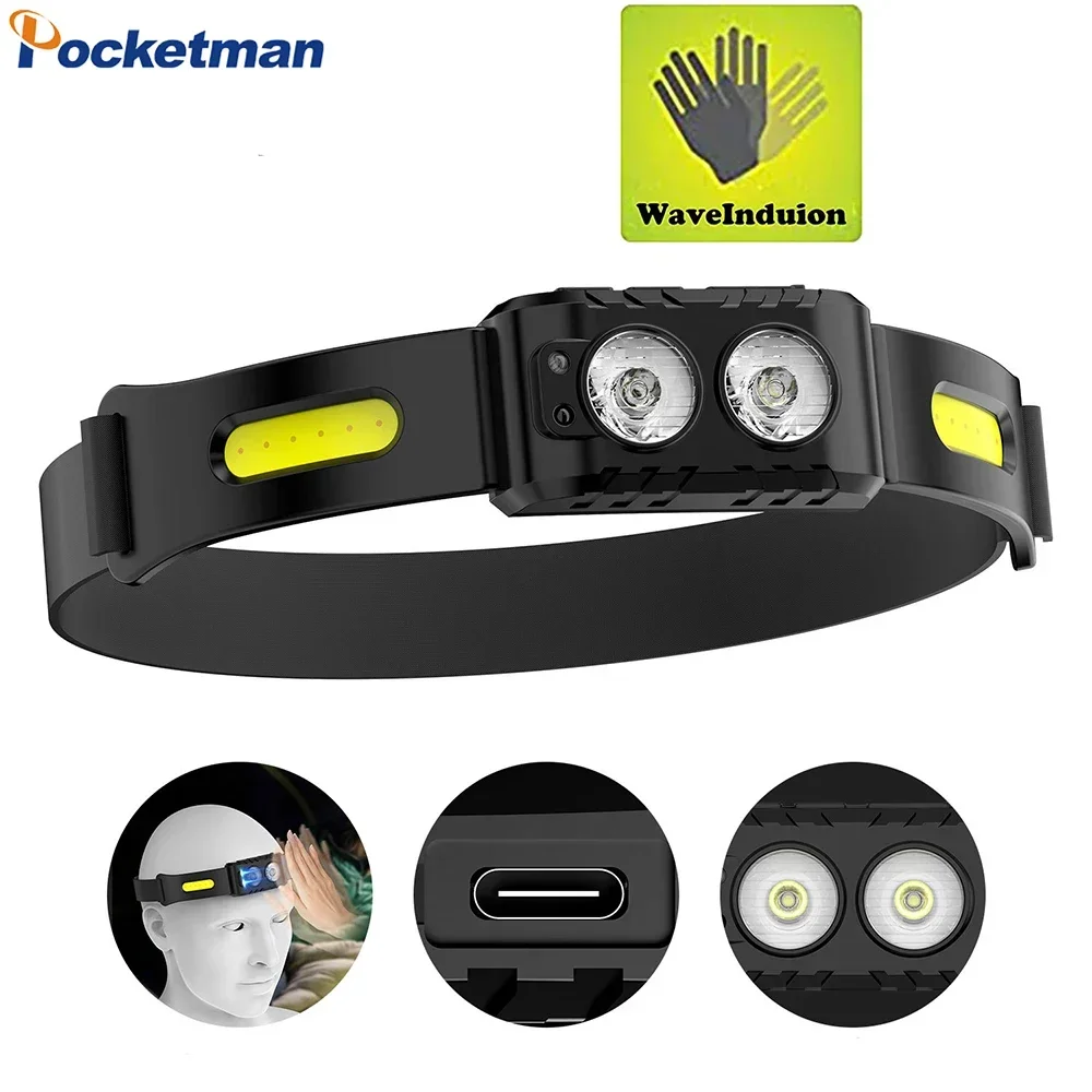 

Super Bright 2*XPE+2*COB LED Headlamp IR Motion Sensor Headlight USB Rechargeable Head Lamp Waterproof Head Light with Battery