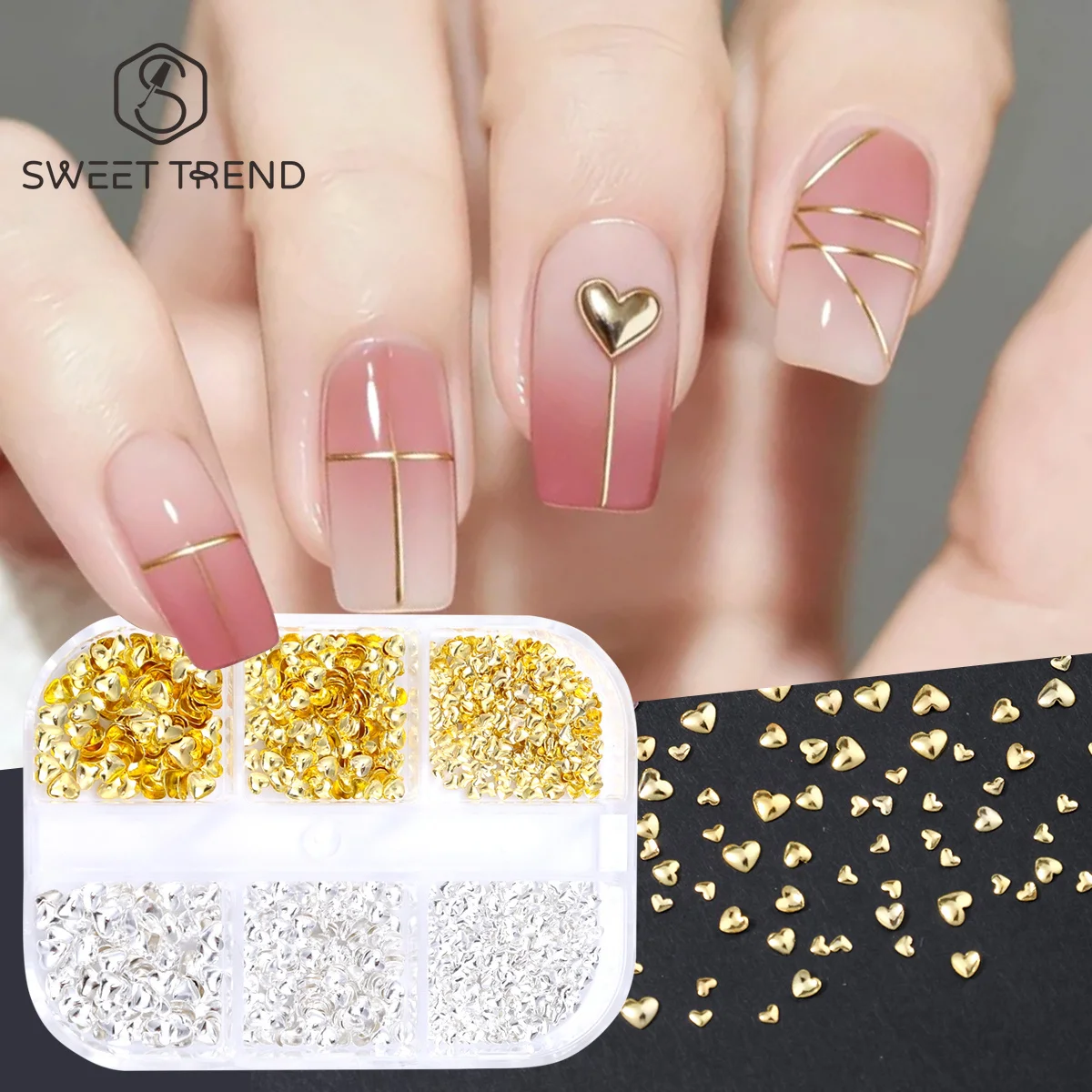 6 Gitter 3D Spiegelherz Nagelkunst-Charms Gold Silber Metallic Liebesflocken DIY Zubehör Schmuck Elegante Hochzeitsdekoration Maniküre