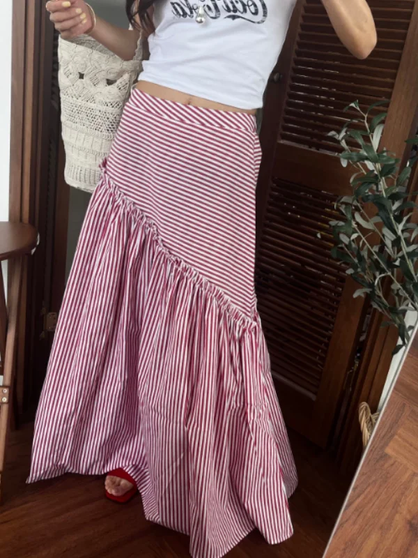 Fashionable High Waist A-Line Midi Skirt with Stripe Patchwork And Wood Grain  Design Slimming Effect Long Skirt for Women