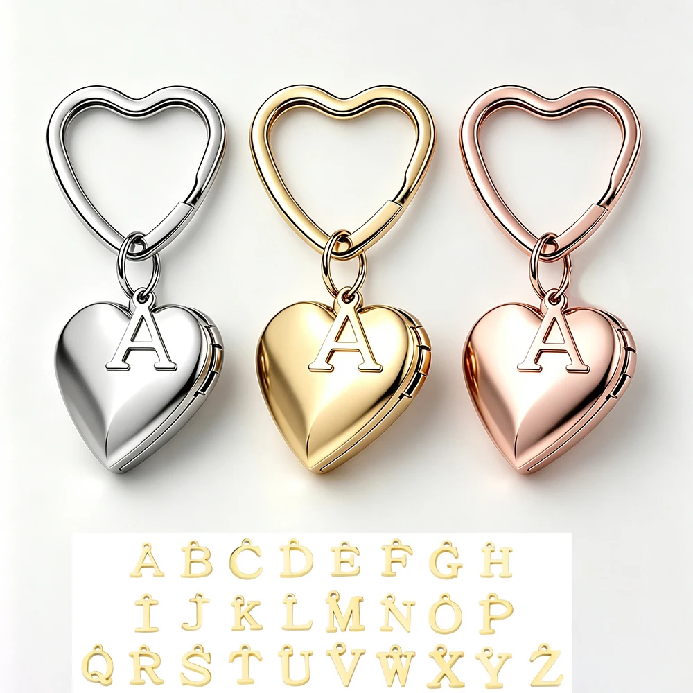 Fnixtar 10pcs Photo Locket Pendant Key Chain With Initial Letters Stainless Steel Heart shaped Name Lover Keyring Gold Plated