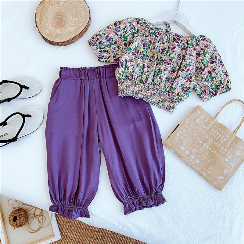 2024 Fashion summer Kids girls Clothes suits purple floral  short-sleeved tops shirts + Pants 2 pcs Clothing set