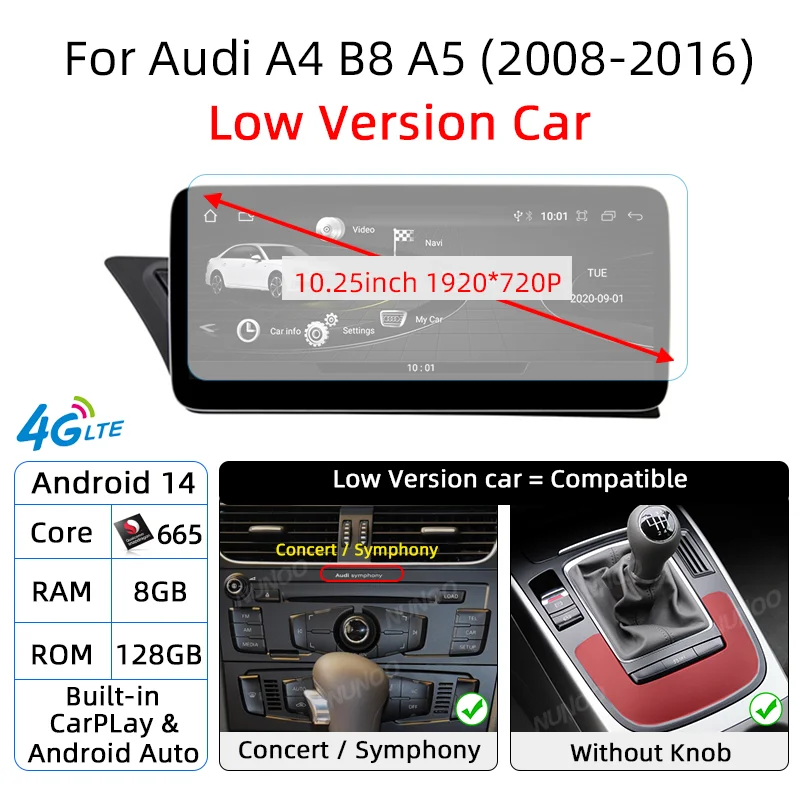 Android 14 Qualcomm CarPlay Draadloos Auto voor Audi A4 B8 A5 8K 2008~2016 MMI Auto Multimedia Speler GPS WiFi DSP