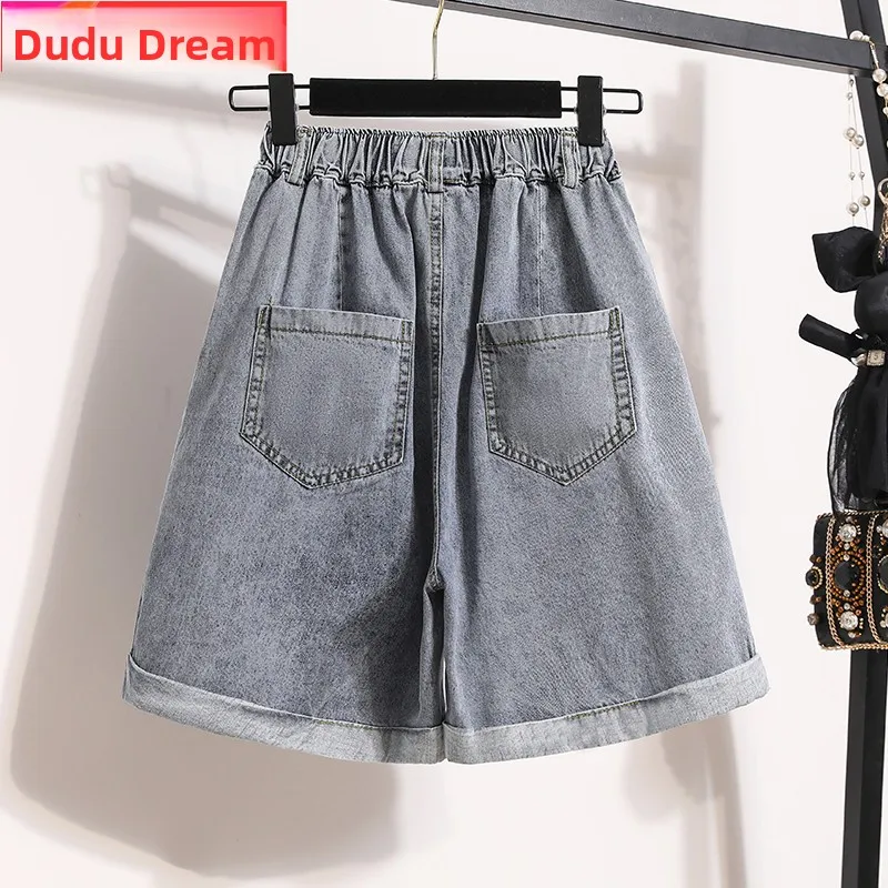 

Свободные женские летние джинсовые брюки с высокой талией, широкие брюки длиной пять четвертей, большие размеры, повседневные джинсы с эластичной резинкой на талии и манжетами