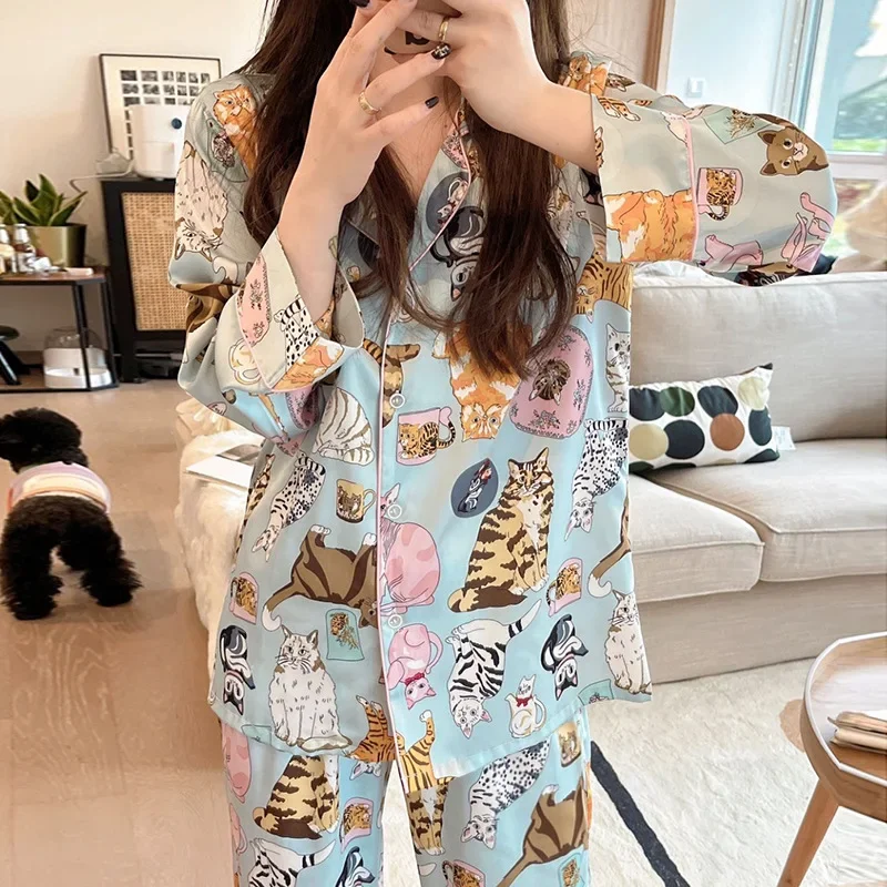 Pajamas for Female Spring and Autumncute Cat Cardigan Long Sleeved Pajamas Set Satin Loungewear Women Lingerie Kawaii Girl\'s Pjs