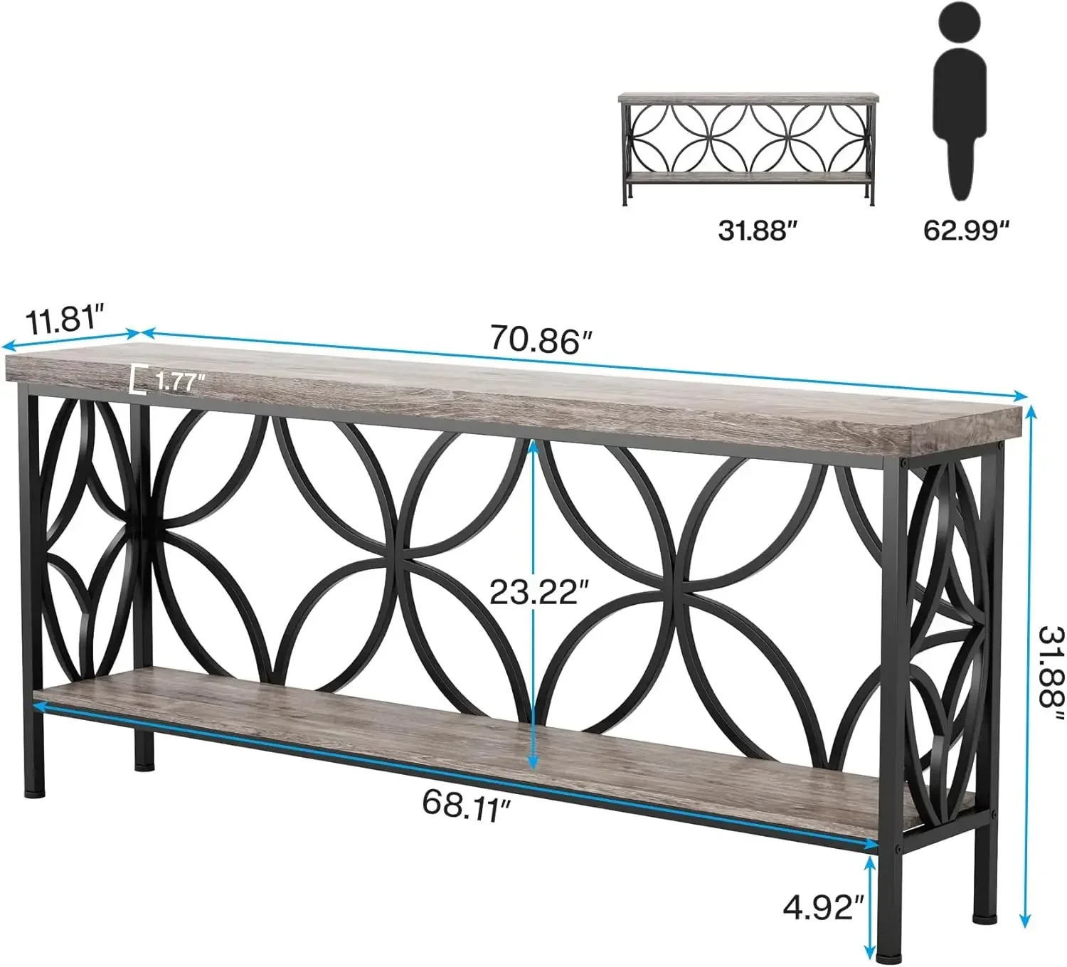 70.9-Inch Narrow Sofa Table, Industrial Long Sofa Table Behind Couch, Entry Console Table with Storage for Entryway