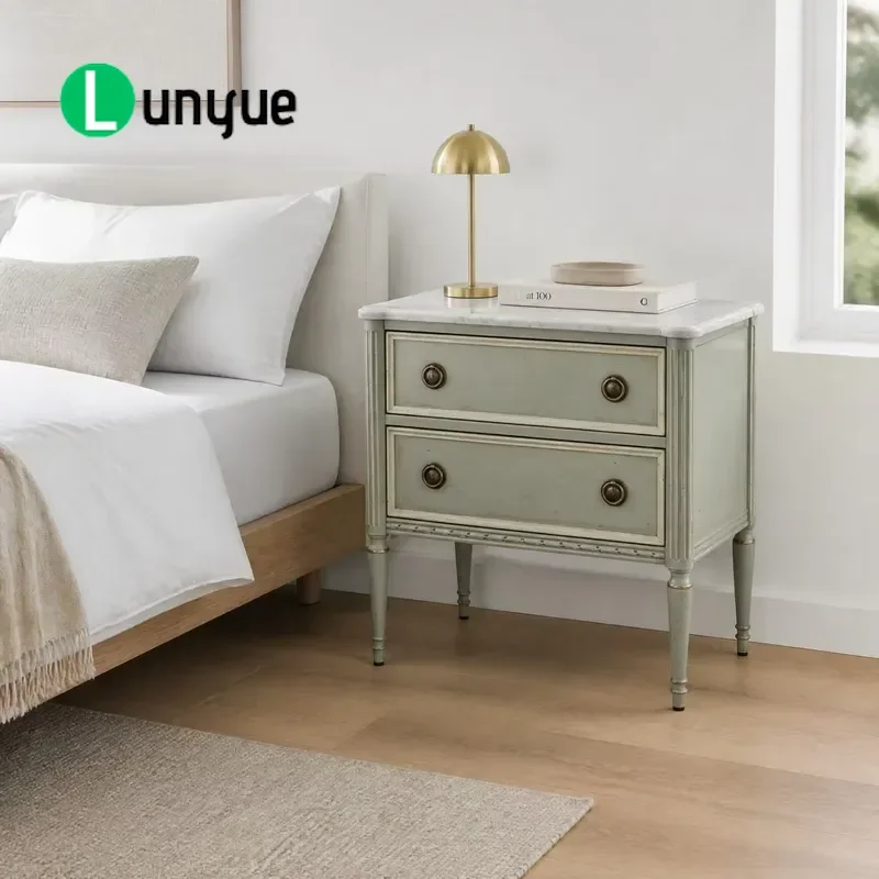 Sage Green Wooden Bedside Table with 2 Drawers and Brass Pull Ring Nightstand Storage Cabinet for Bedroom Modern Home