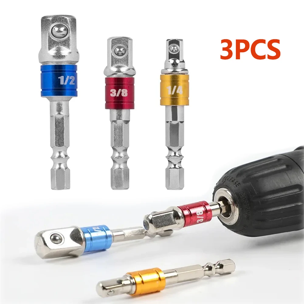 3Pcs Drill Socket Adapter 1/4 3/8 1/2Size Hex Shank Square Head Drill Bit Impact Drill Extension Drill Bits Bar Socket Adapter