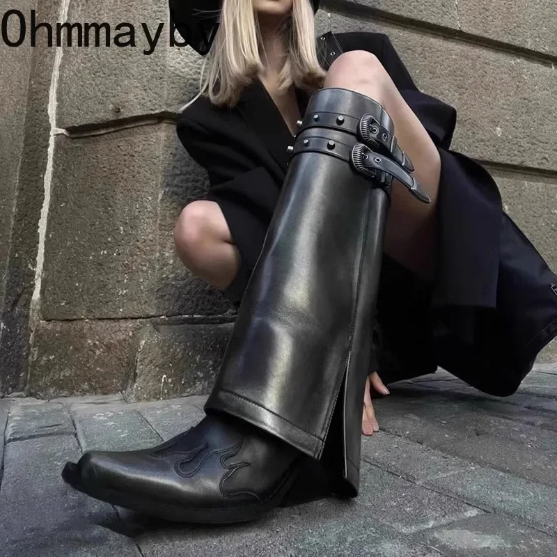 

Зимние женские ковбойские сапоги, модные женские элегантные длинные сапоги без застежки с ремешком и пряжкой, повседневные женские сапоги на толстом каблуке