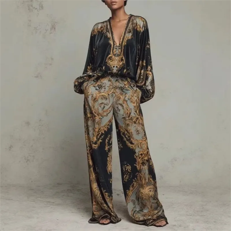 

Vintage Printed Two-piece Set Women's Fashion V-neck Loose Long Sleeved Top Wide Leg Pants Suit Ladies Foreign Style Streetwear