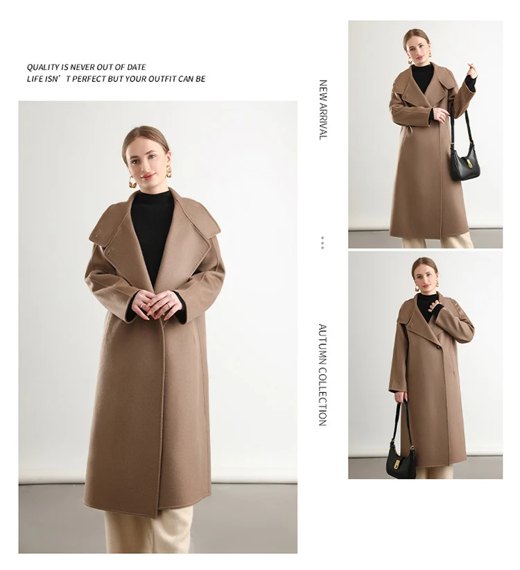 Pure Wool Trench Coat 100% Woolen Overcoat Dense Fabric New Women Turn-down Collar Handmade Long Coat Winter Jacket #20