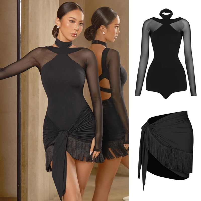

Mesh Sleeves Black Latin Top Tassels Skirt Women Latin Dance Competition Clothes Chacha Samba Rumba Dance Costumes SL9448