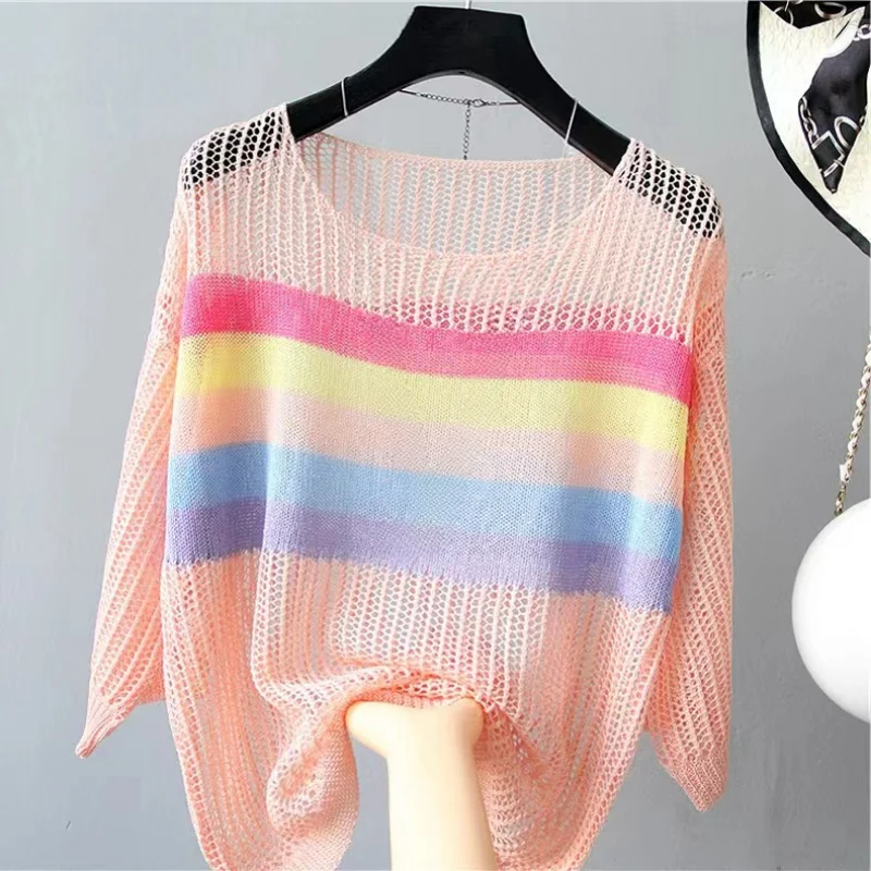 Women\'s Short Sleeve Knitted Pullover, Korean Popular Clothes, Sexy T-Shirt, Hollow Color, Round Top, Summer Vacation