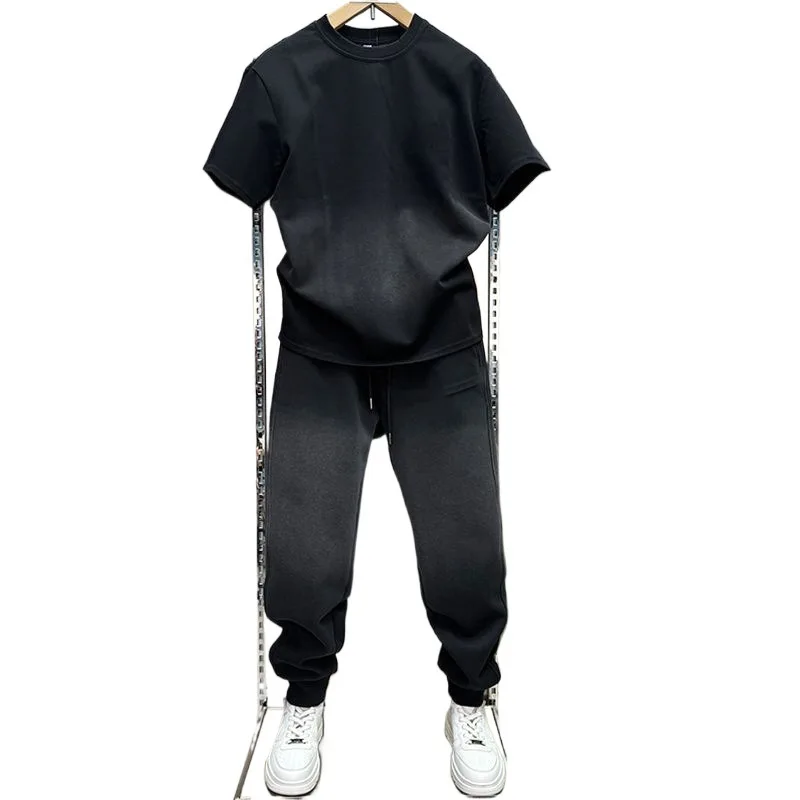 Traje casual de alta calidad para hombre, conjunto completo a la moda con top teñido, pantalones, ropa deportiva coreana de 2 piezas, holgada y cómoda.
