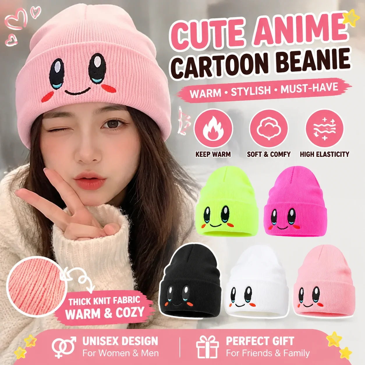 Anime Cartoon Cute Beanie Hat Cosplay Warm Knitted Eye Embroidery Elasticity Winter Girl Women Skull Cap Set