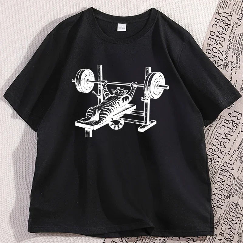 Camiseta de gimnasio con estampado de Cat Bench Press para hombre y mujer, camiseta informal de algodón para entrenamiento, camiseta divertida para amantes del levantamiento de pesas, ropa de fitness