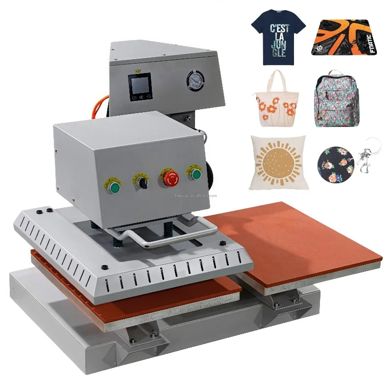 

【2026】Pneumatic Shaker Double-station T-shirt Clothing Design Fabric Dtf 3d Sticker Branding Label Logo Heat Transfer Press Mach
