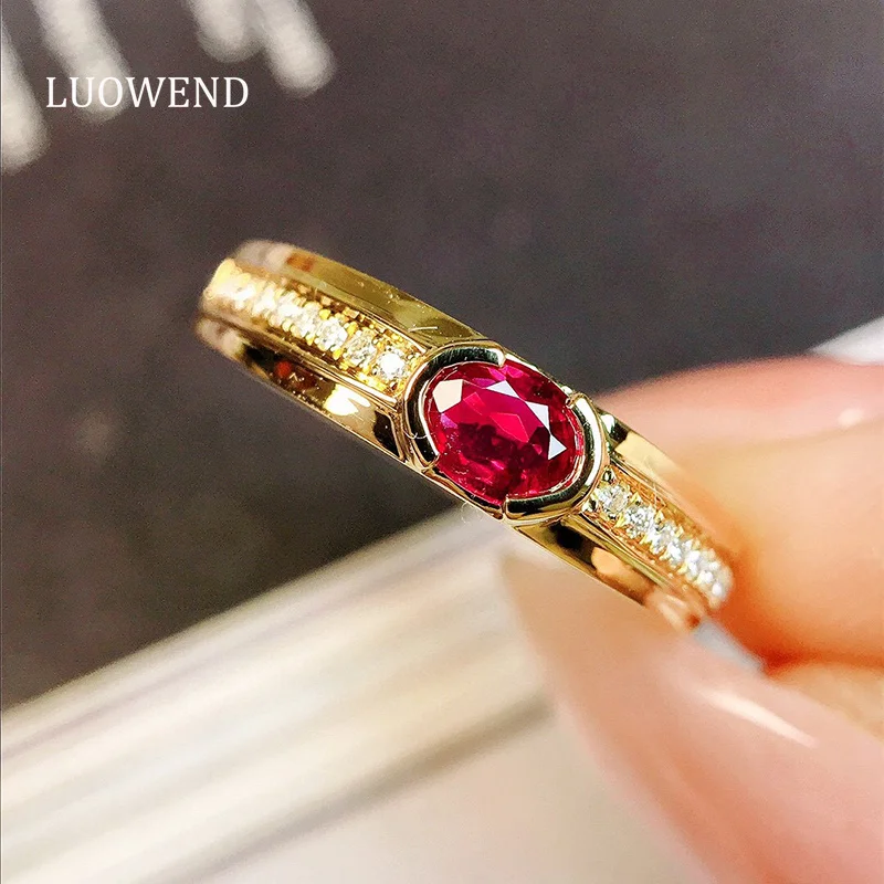 LUOWEND 100% 18K Yellow Gold Rings Fashion Metal Style Shiny Diamond Natural Ruby Engagement Ring for Women Anniversary Gift