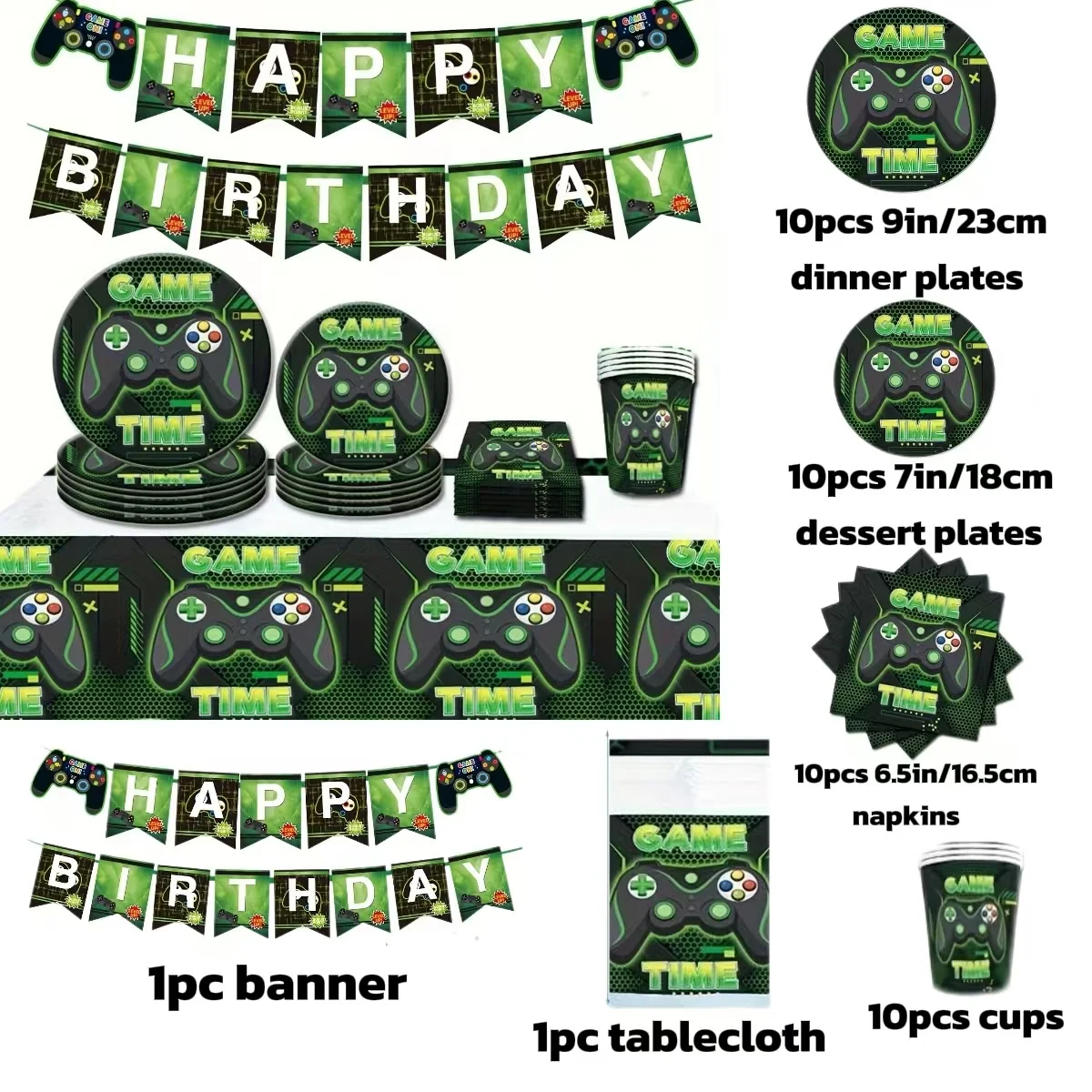 Décoration de ixd'Anniversaire sur le Thème du Jeu Vert, Assiettes en Papier Single Britannique, Serviettes en Papier Standard, Drapeaux Côtelés Britware, 1 à 10 Pièces