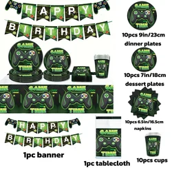 1/10pcs Green Game Theme Birthday Party Decoration Tableware Singles Paper Plates Paper Cups Paper Towels Pull Flags Tableware