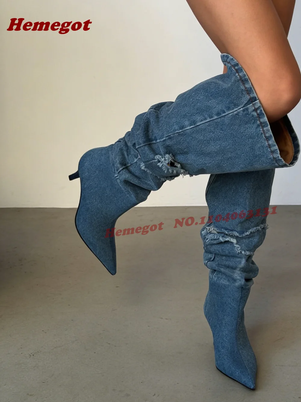 Denim Fringe Pleated Knee High Boots Pointed Toe Stiletto High Heels Women's Long Boots Winter Patchwork Casual Shoes 2026 New view 6