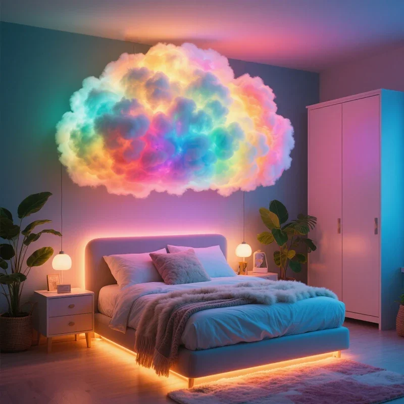 Kit d'éclairage cloud 3D avec synchronisation de musique, bande lumineuse LED RGBIC multicolore, télécommande et contrôle par application, éclairage d'ambiance pour chambre à coucher