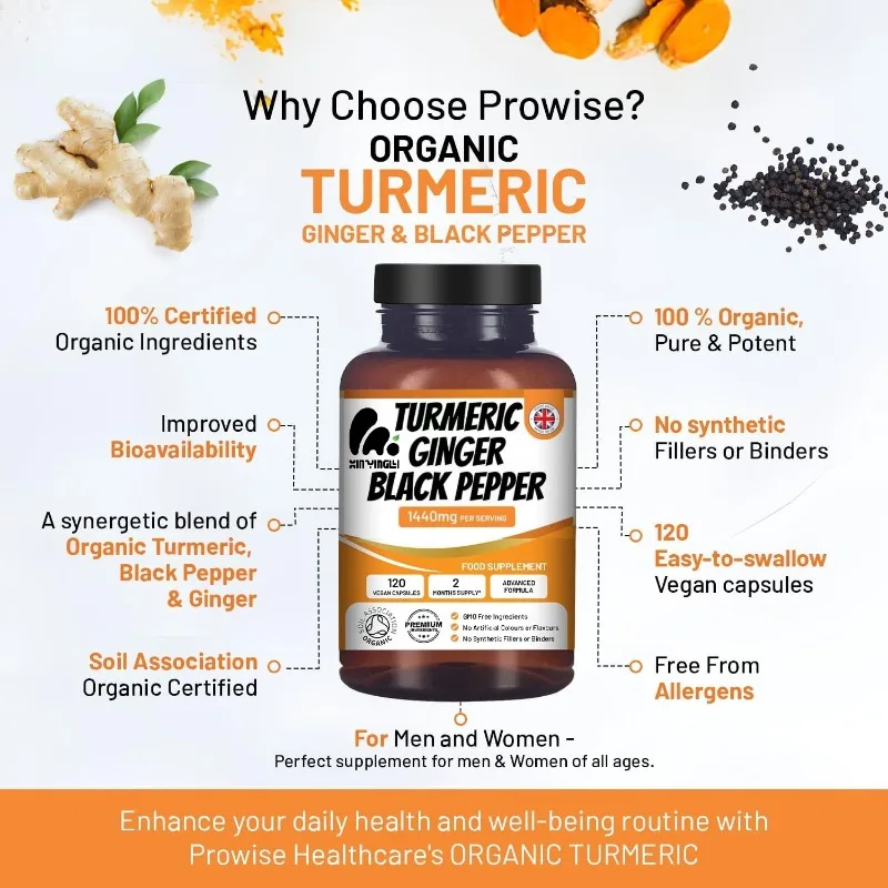 Cúrcuma y Curcumina 1440mg con 60 cápsulas de pimienta negra y cápsulas vegetarianas de jengibre