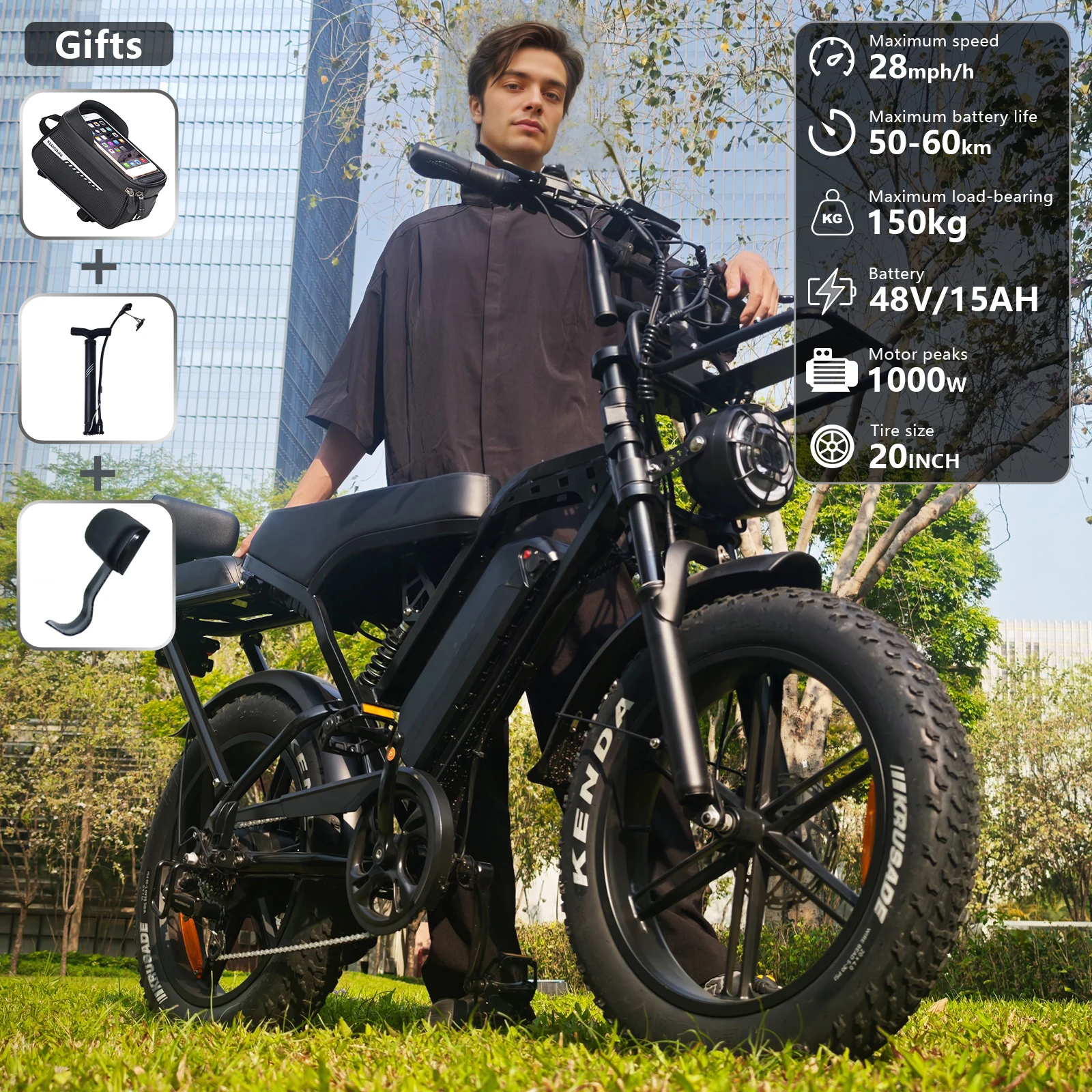 

The X80Pro Ebike 20-inch fat tire electric bicycle is an adult electric bicycle with a 1000W motor, a 48V 15Ah battery, a range of 50-60 kilometers, a top speed of 28 mph, 7-speed gearing, hydraulic brakes, and comfortable shock absorption.