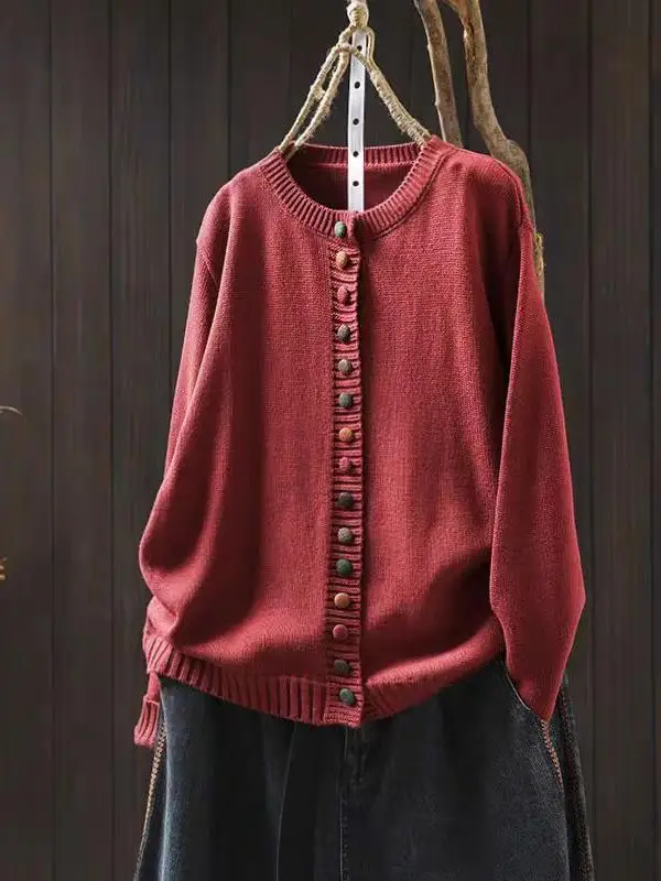 

Button Cotton Yarn Knitted Long Sve Casual Sweater Coat for Women High Waist Loose Fit Spring Autumn Winter Top