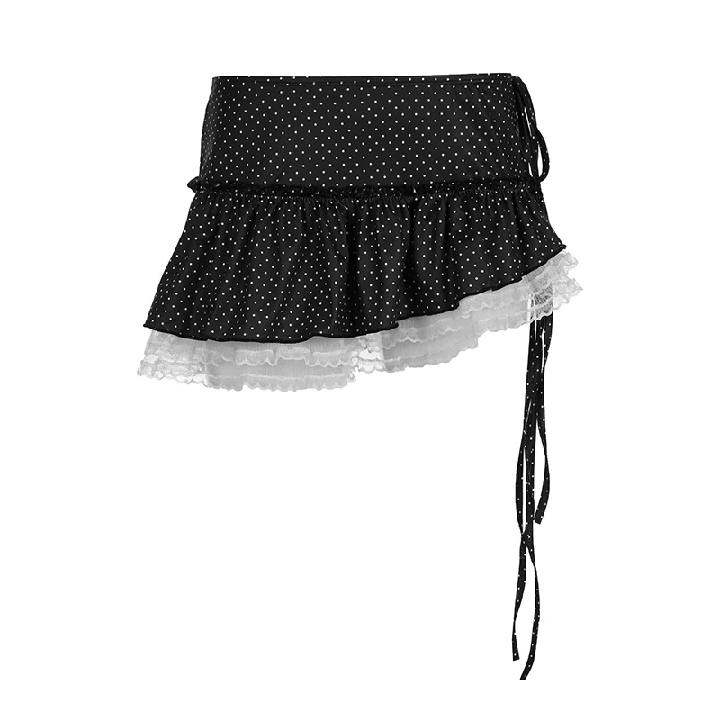 HEYounGIRL Dot Print Women Irregular Lace Skirt Fashion Side Lace-up Low Waist Miniskirt Sweet Y2K Outfits Aesthetic Chic Skirts