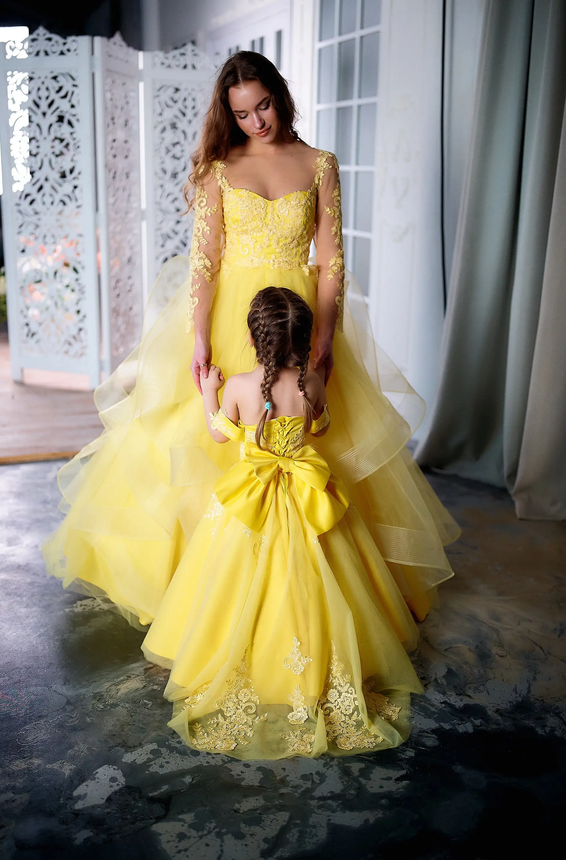 Yellow Mother Daughter Matching Dress Tulle Lace Mommy and Me Outfits Photo Session Kids Birthday Party First Communion Gowns