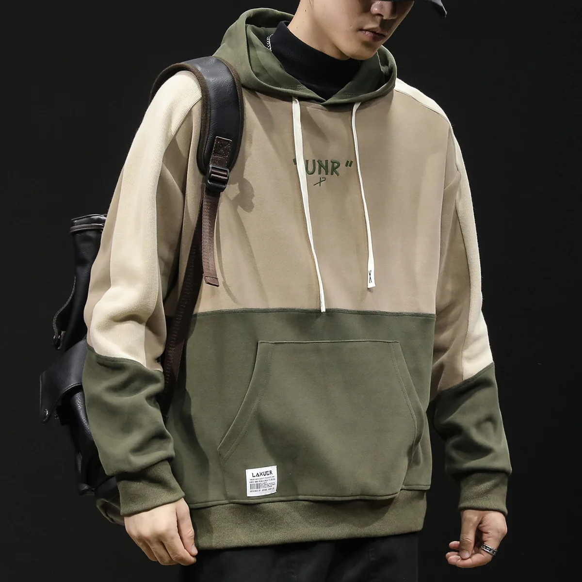 

Autumn Sweater Men Hooded Thickened Jacket Loose Color-block Stitching Non-iron Letter Embroidery Spring Kangaroo Bag Streetwear