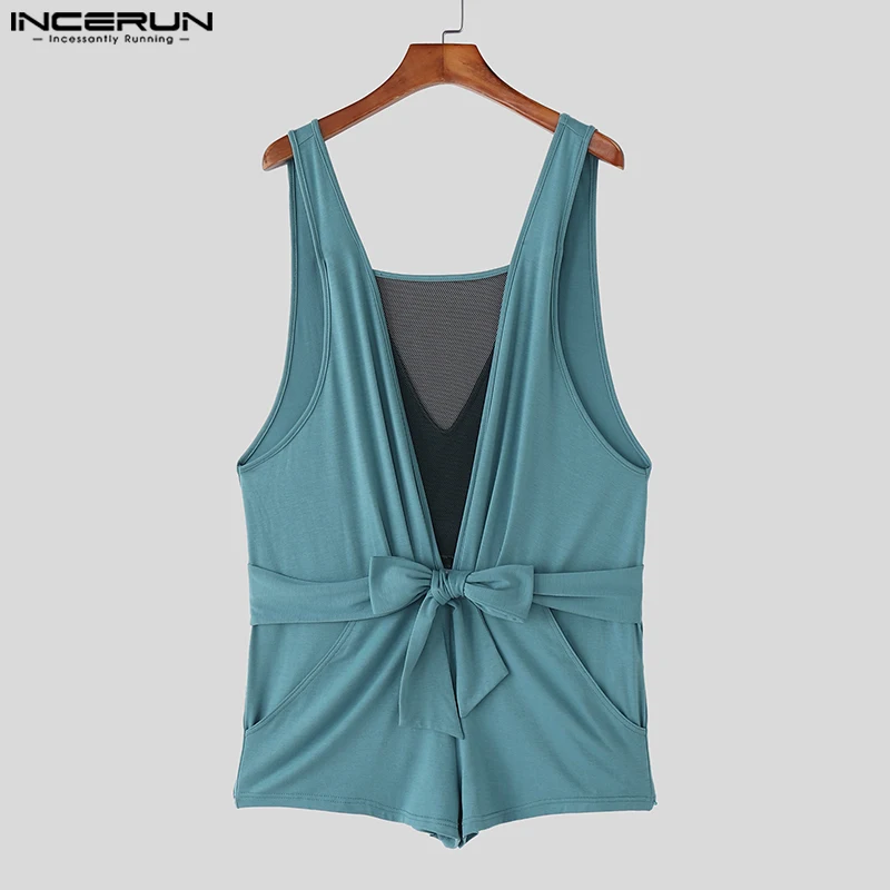 ผู้ชายBodysuitsตาข่ายPatchworkดูผ่านเซ็กซี่O-คอแขนกุดชายPlaysuits 2025 Lace Up Rompersบอดี้สูทStreetwear INCERUN