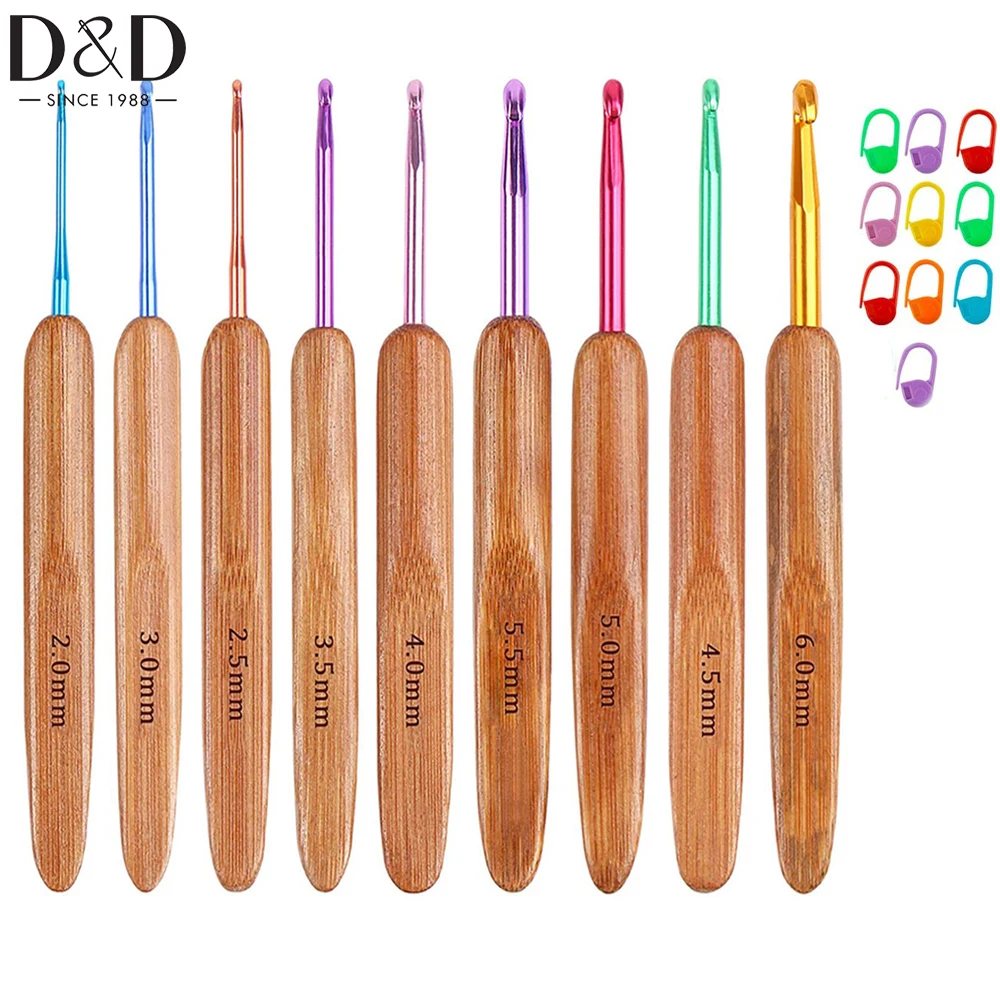 D&D 9pcs Crochet Hooks Set 2mm-6mm Colorful Bamboo Knitting Needles Set  Weave Yarn Craft for Beginner with 10pcs Stitch Markers